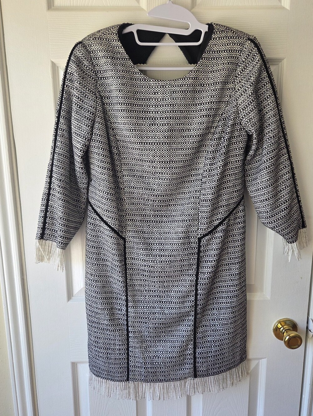 Sam Edelman Tweed Dress Sz M NWT Gray White Whimisgoth Fringe Open Back $190